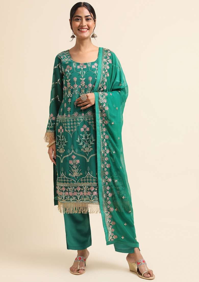 Green Embroidery Faux Georgette Salwar Kameez - Indya