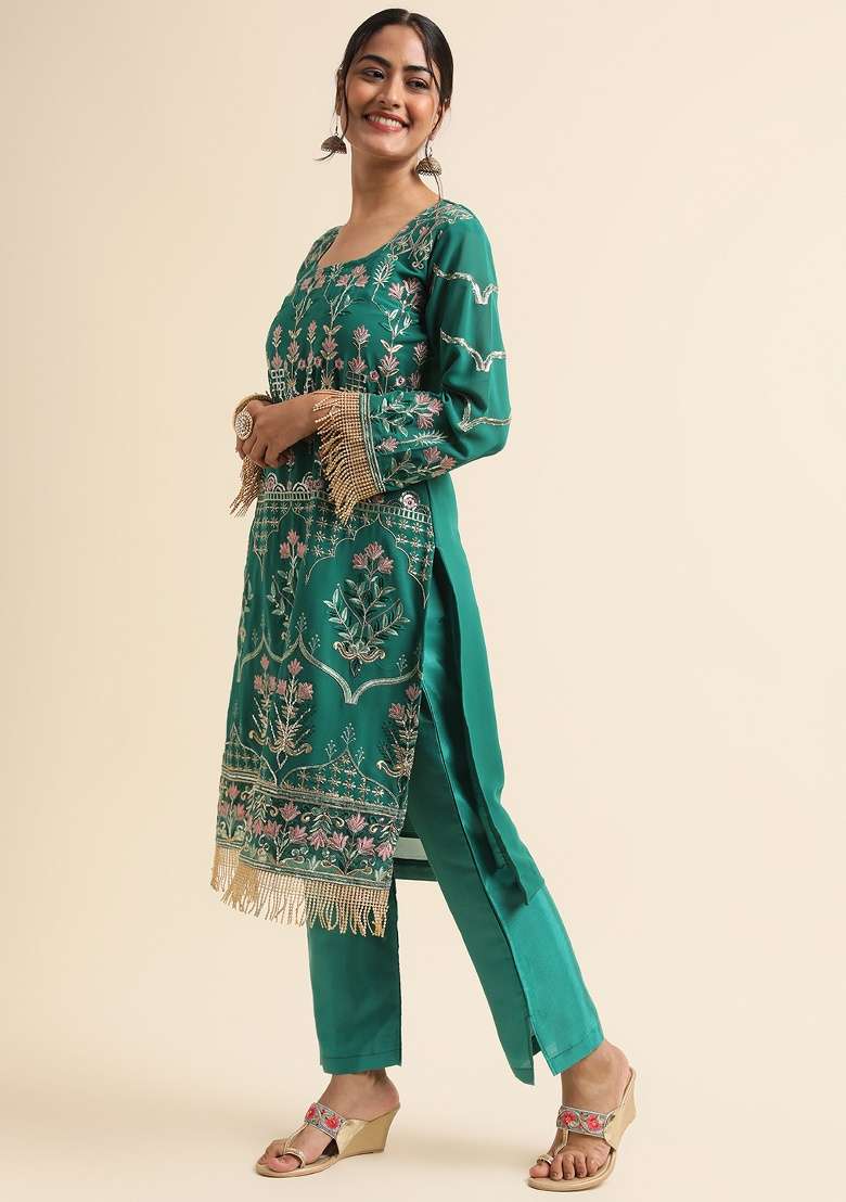 Green Embroidery Faux Georgette Salwar Kameez - Indya