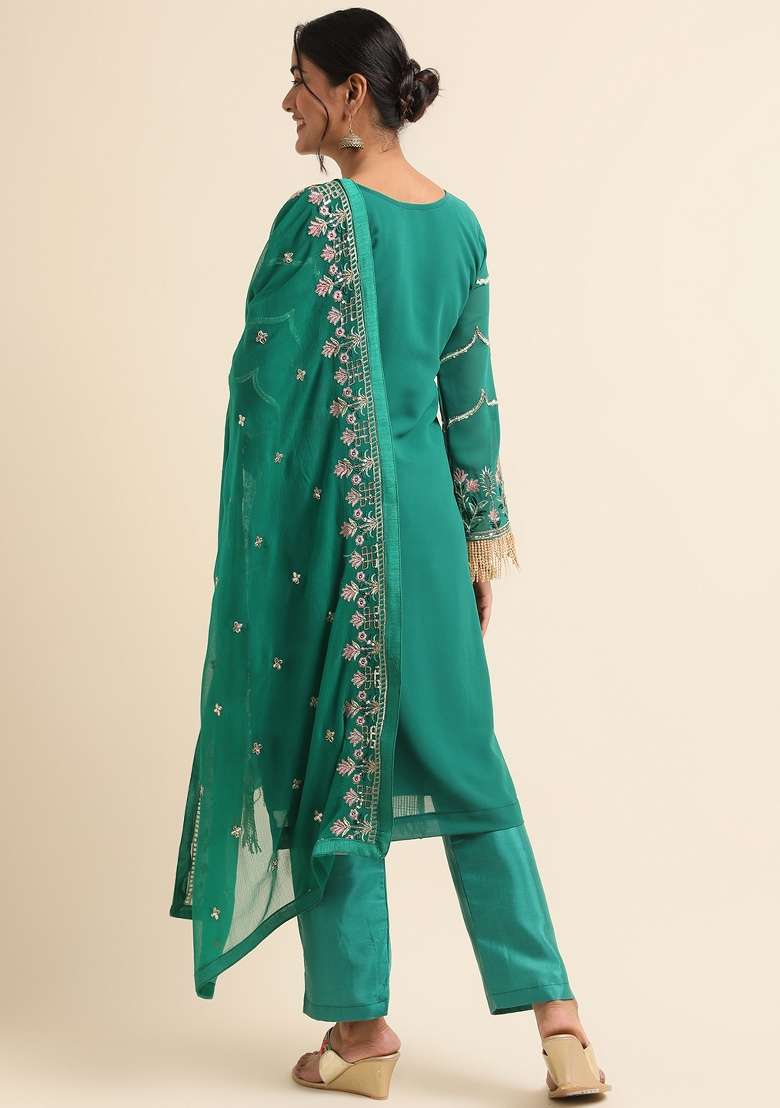 Green Embroidery Faux Georgette Salwar Kameez - Indya
