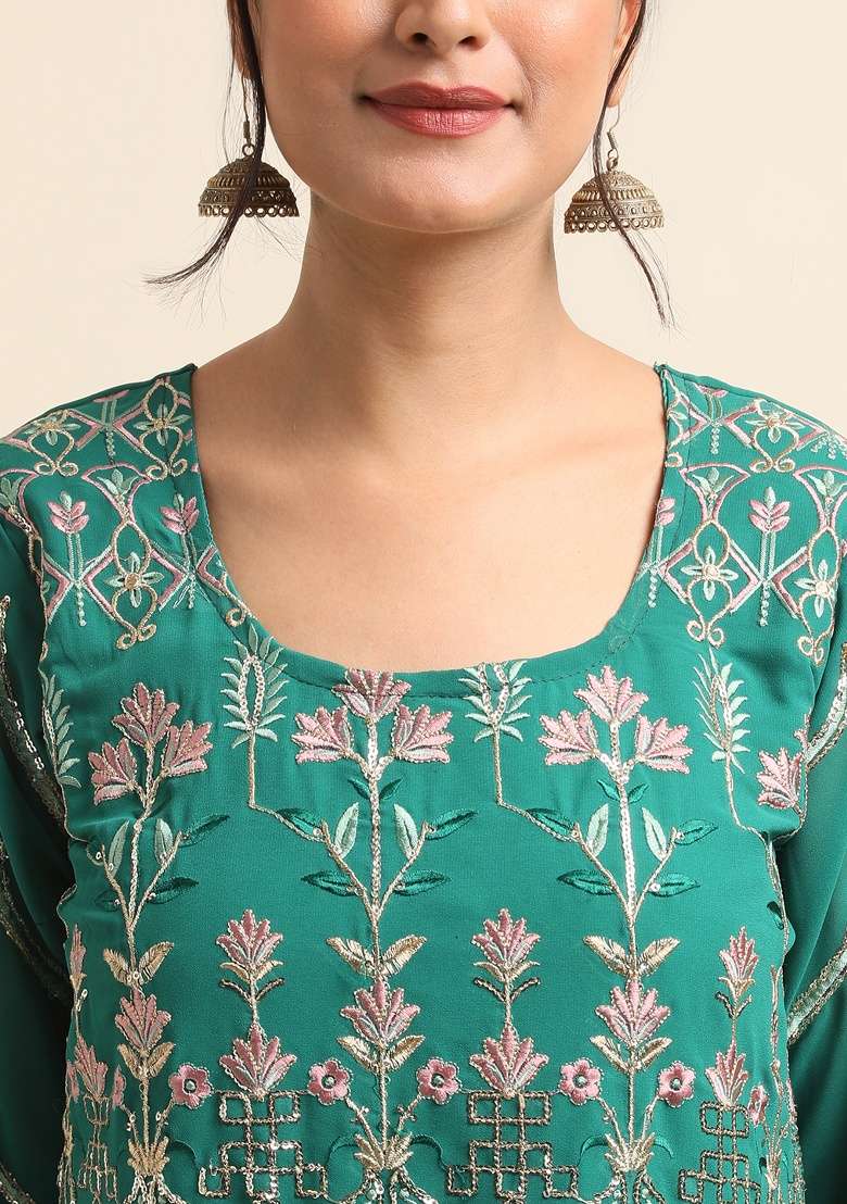 Green Embroidery Faux Georgette Salwar Kameez - Indya