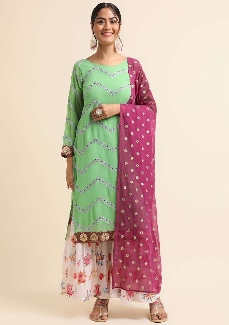 Green Embroidery Faux Georgette Sharara Set - Indya