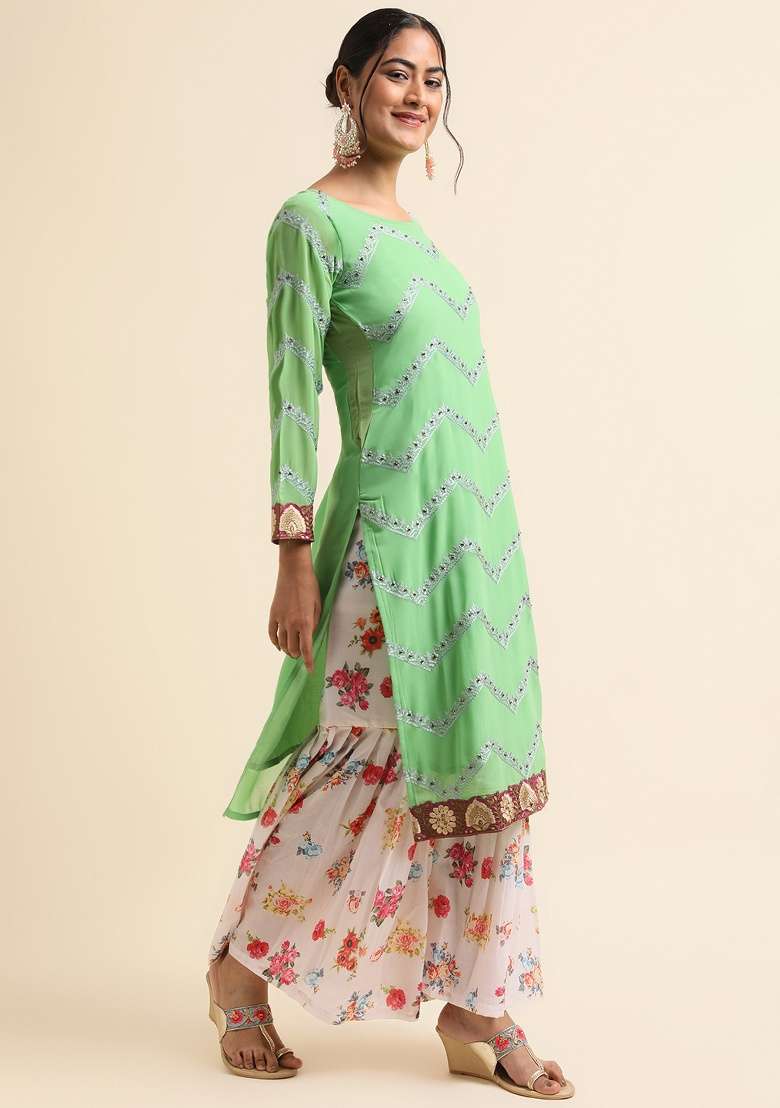 Green Embroidery Faux Georgette Sharara Set - Indya