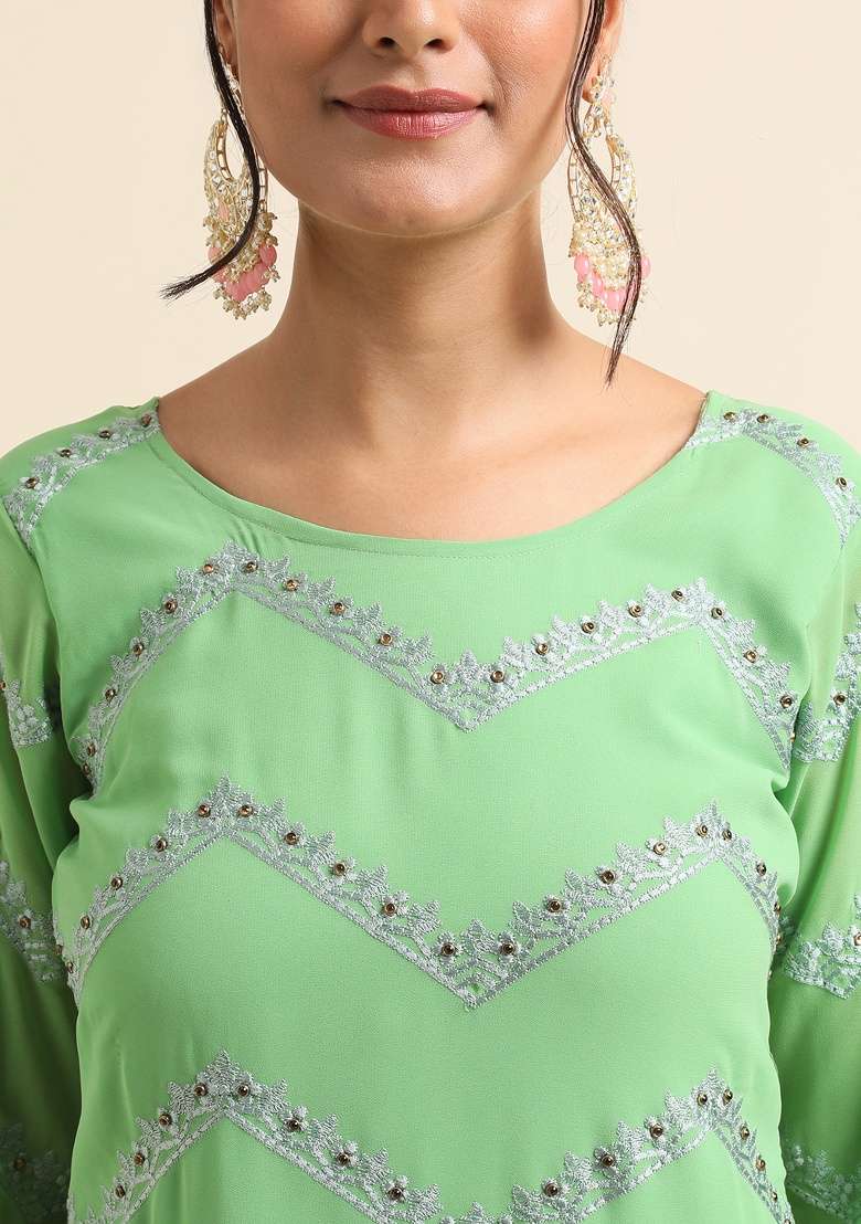 Green Embroidery Faux Georgette Sharara Set - Indya