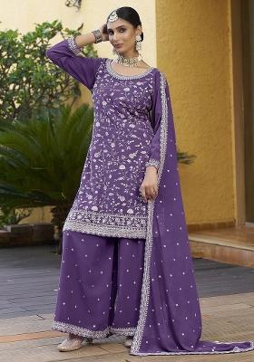 Purple Embroidery Georgette Palazzo Set