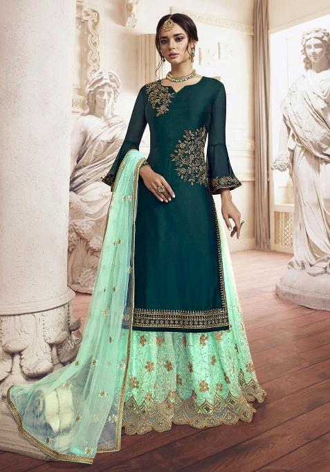 Teal Embroidery Rangoli Georgette Palazzo Set