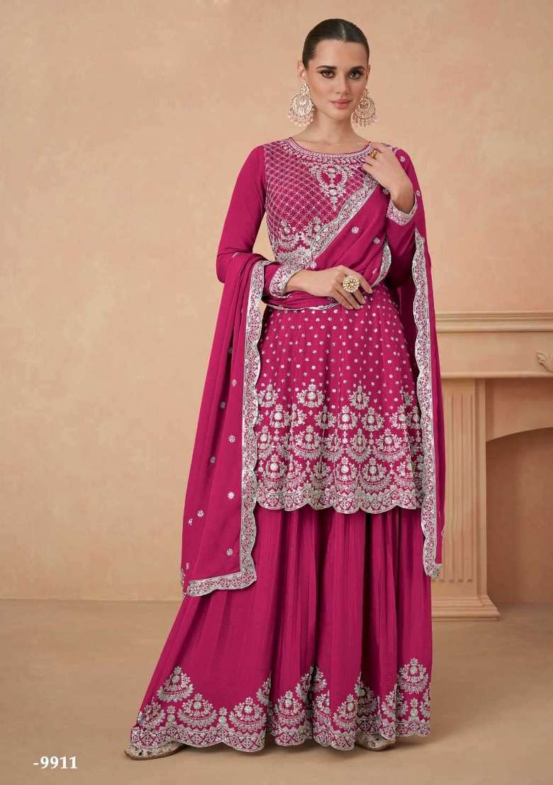 Magenta Embroidery Georgette Palazzo Set - Indya