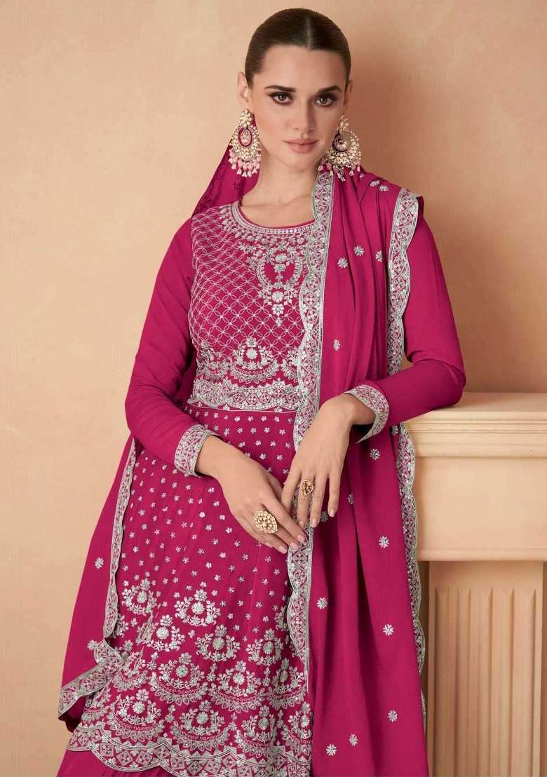 Magenta Embroidery Georgette Palazzo Set - Indya