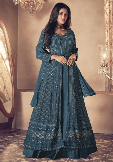 Teal Embroidery Georgette Skirt Kameez Set