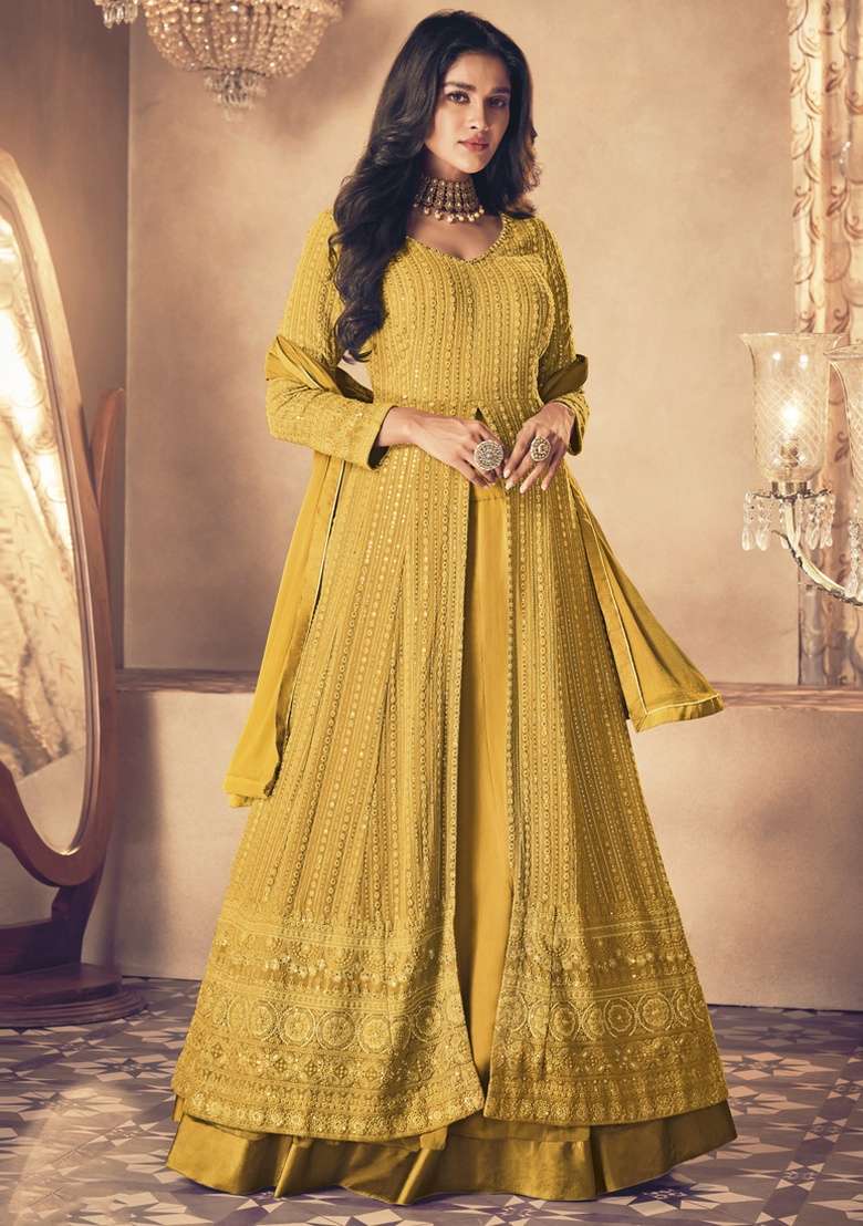 Yellow Embroidery Georgette Skirt Kameez Set - Indya