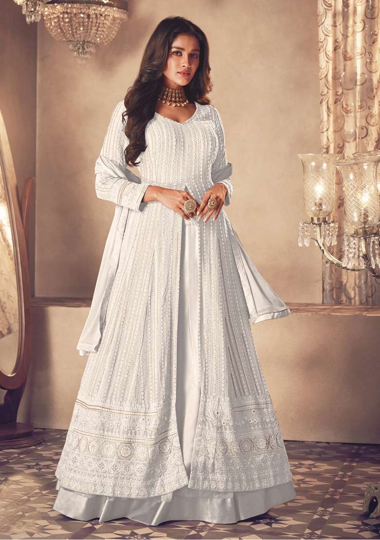 White Embroidery Georgette Skirt Kameez Set - Indya