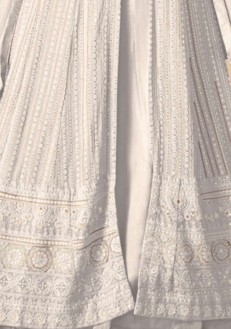 White Embroidery Georgette Skirt Kameez Set - Indya