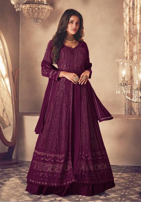 Wine Embroidery Georgette Skirt Kameez Set