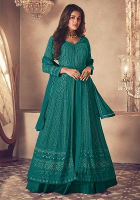 Teal Blue Embroidery Georgette Skirt Kameez Set