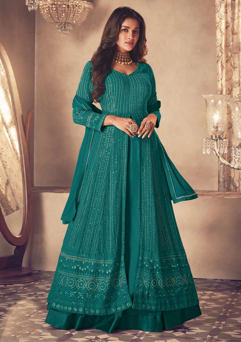 Teal Blue Embroidery Georgette Skirt Kameez Set - Indya