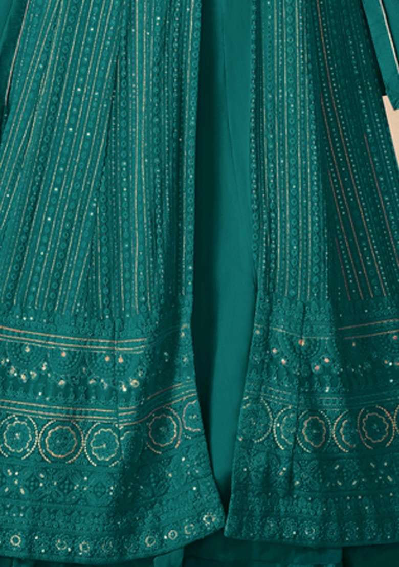 Teal Blue Embroidery Georgette Skirt Kameez Set - Indya