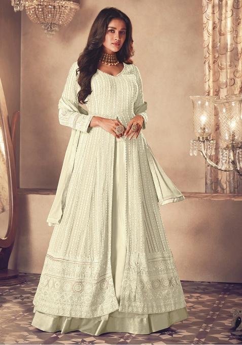 Cream Embroidery Georgette Skirt Kameez Set