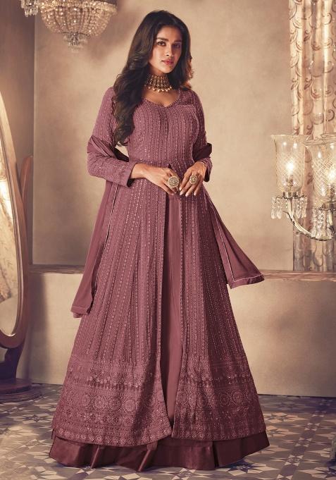 Dark Rose Gold Embroidery Georgette Skirt Kameez Set