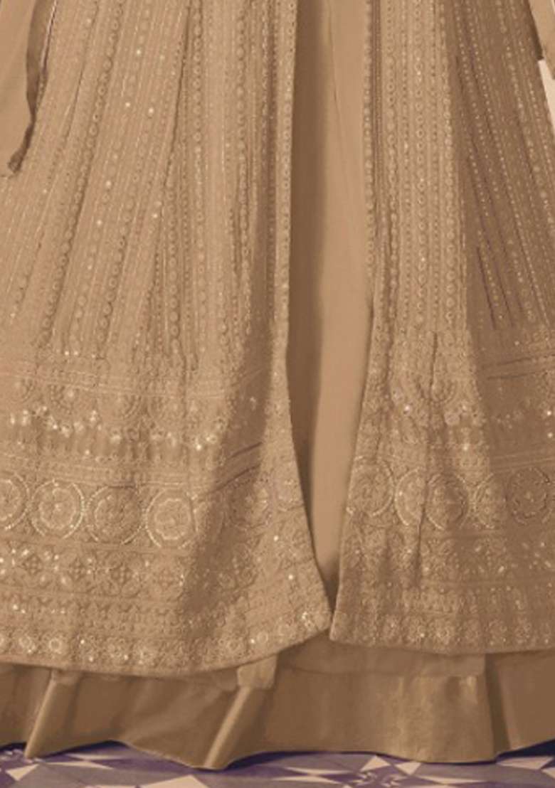 Beige Embroidery Georgette Skirt Kameez Set - Indya