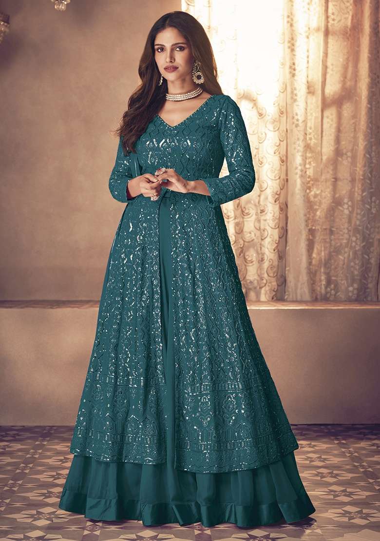 Teal Blue Embroidery Georgette Skirt Kameez Set - Indya