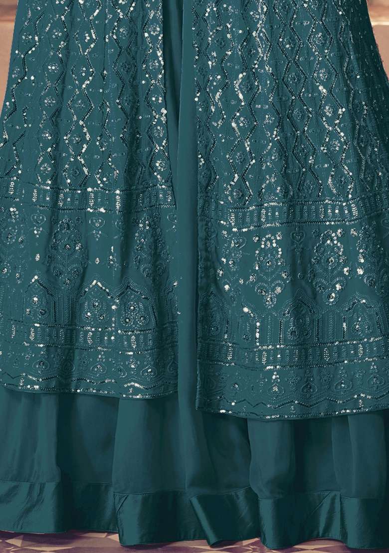 Teal Blue Embroidery Georgette Skirt Kameez Set - Indya