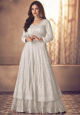 White Embroidery Georgette Skirt Kameez Set