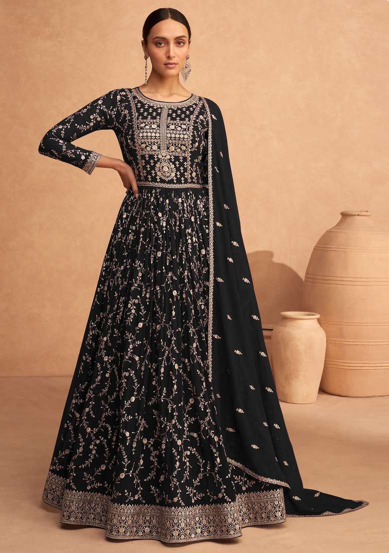 Black Embroidery Georgette Anarkali set - Indya