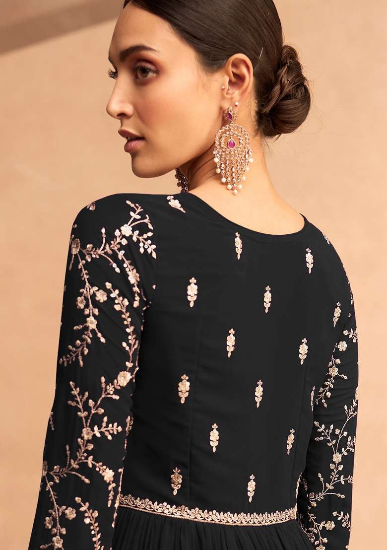Black Embroidery Georgette Anarkali set - Indya
