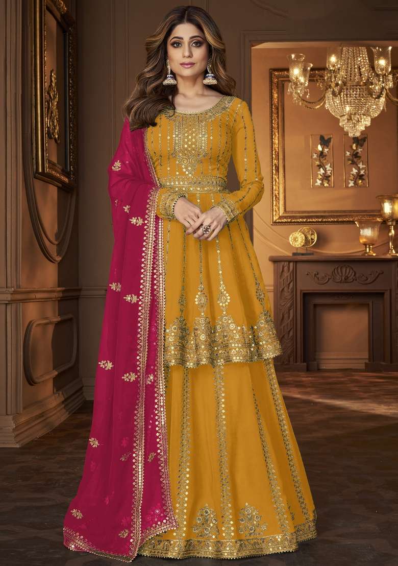 Yellow Embroidery Georgette Skirt Kameez Set - Indya