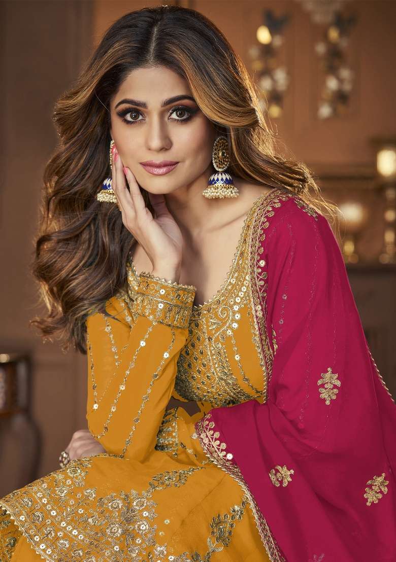 Yellow Embroidery Georgette Skirt Kameez Set - Indya