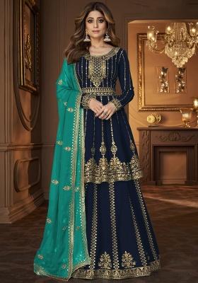 Navy Blue Embroidery Georgette Skirt Kameez Set