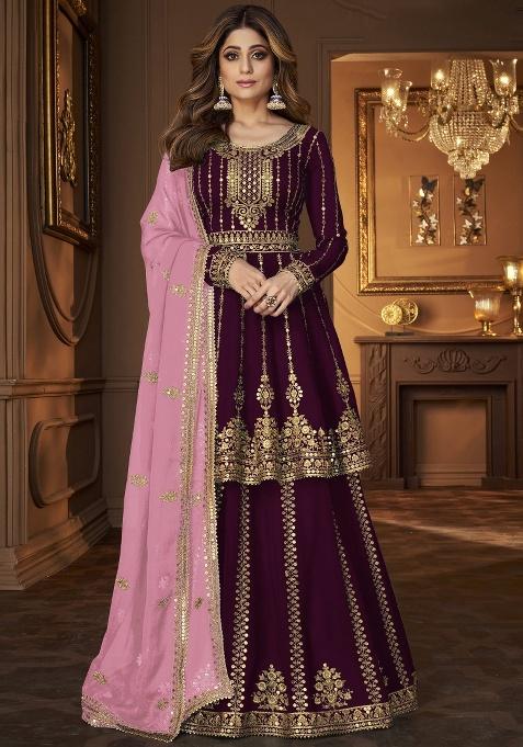 Wine Embroidery Georgette Skirt Kameez Set