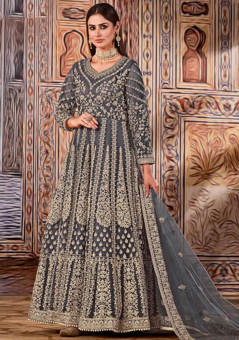 Grey Embroidery Net Anarkali set - Indya