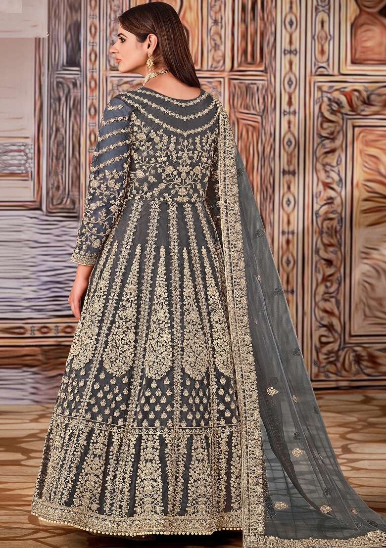 Grey Embroidery Net Anarkali set - Indya