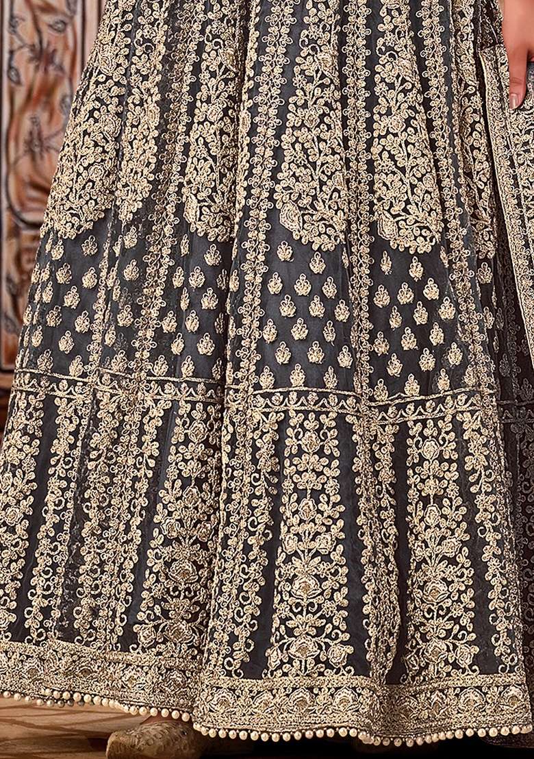 Grey Embroidery Net Anarkali set - Indya
