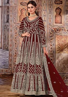 Maroon Embroidery Net Anarkali set
