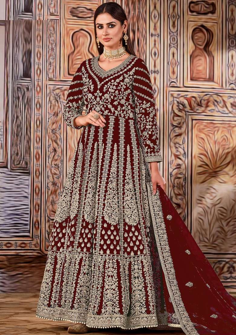 Maroon Embroidery Net Anarkali set - Indya
