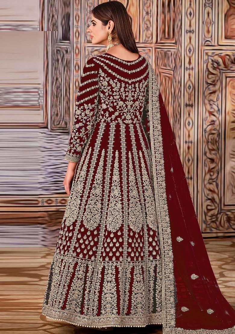 Maroon Embroidery Net Anarkali set - Indya