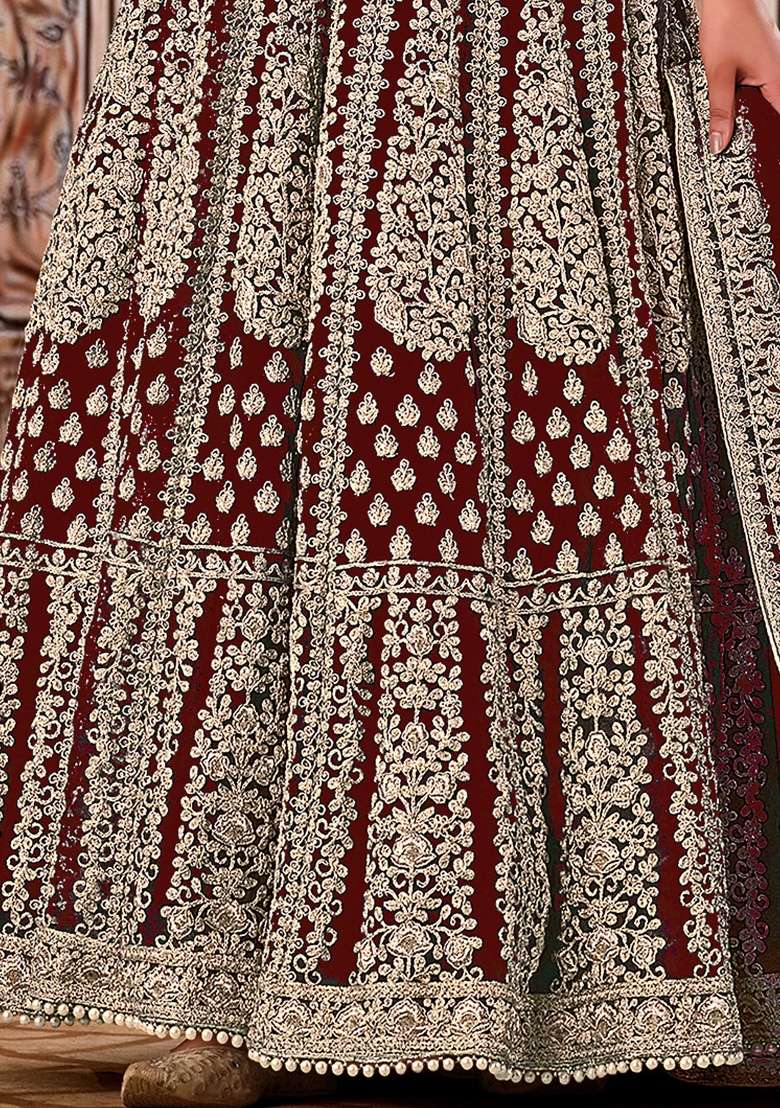Maroon Embroidery Net Anarkali set - Indya