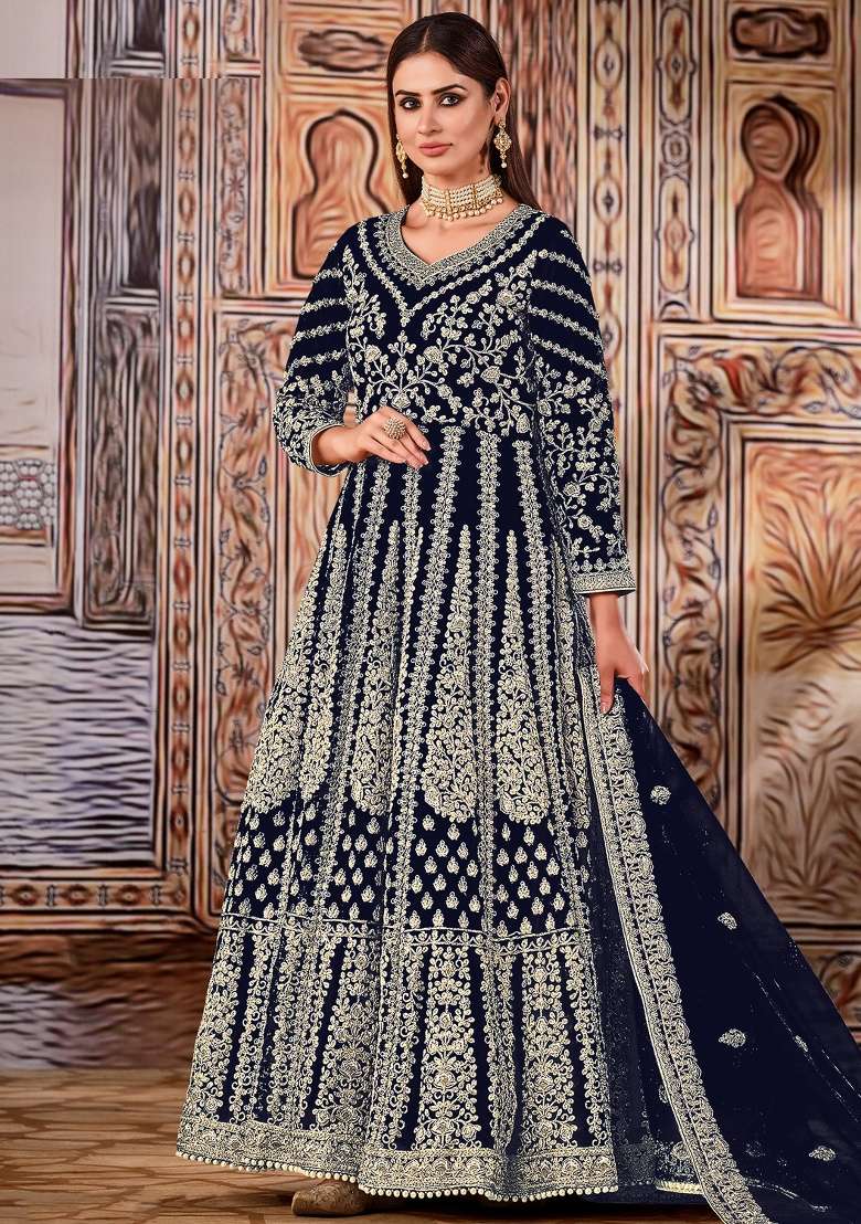 Blue Embroidery Net Anarkali set - Indya