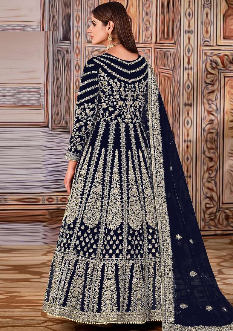 Blue Embroidery Net Anarkali set - Indya