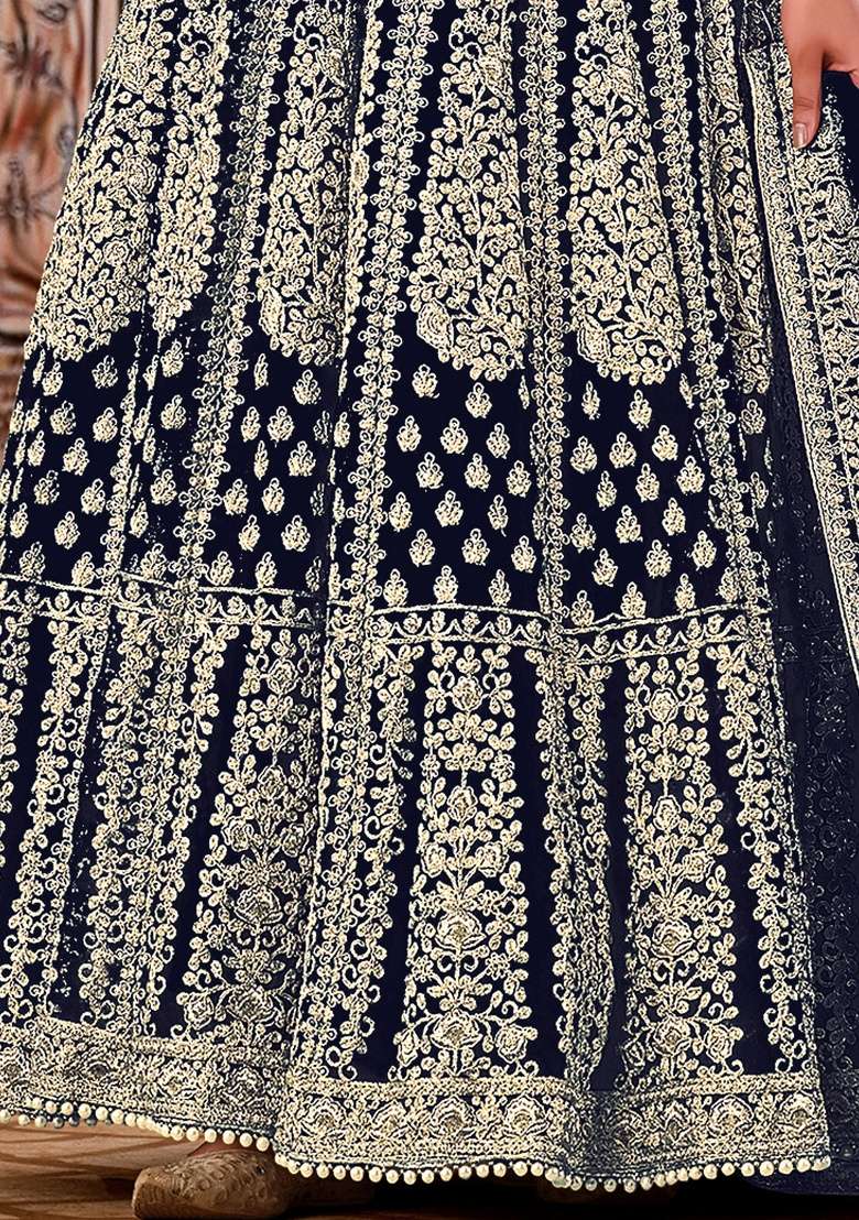 Blue Embroidery Net Anarkali set - Indya