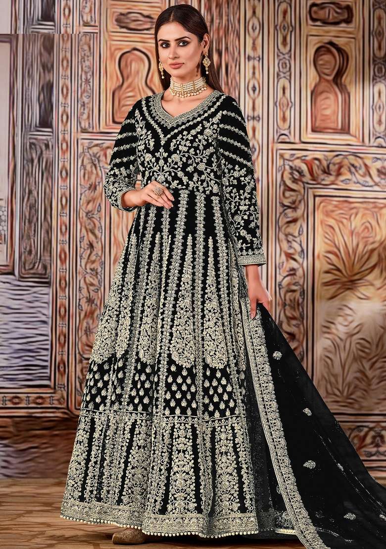 Black Embroidery Net Anarkali set - Indya