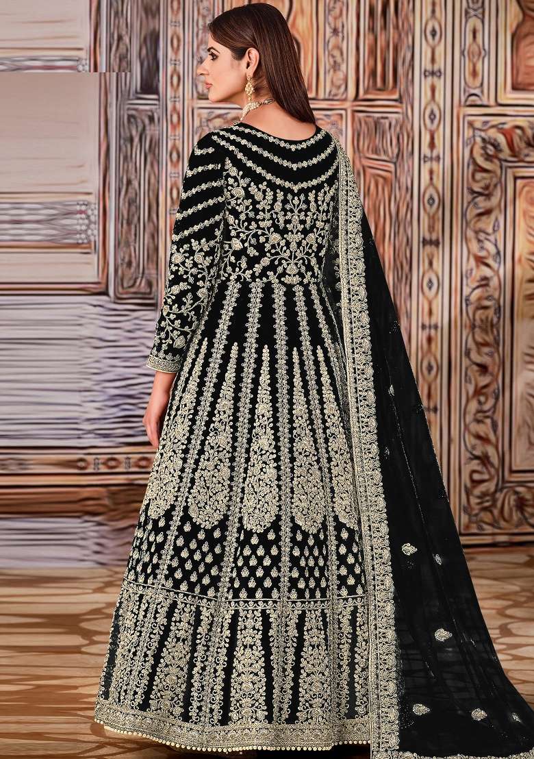 Black Embroidery Net Anarkali set - Indya