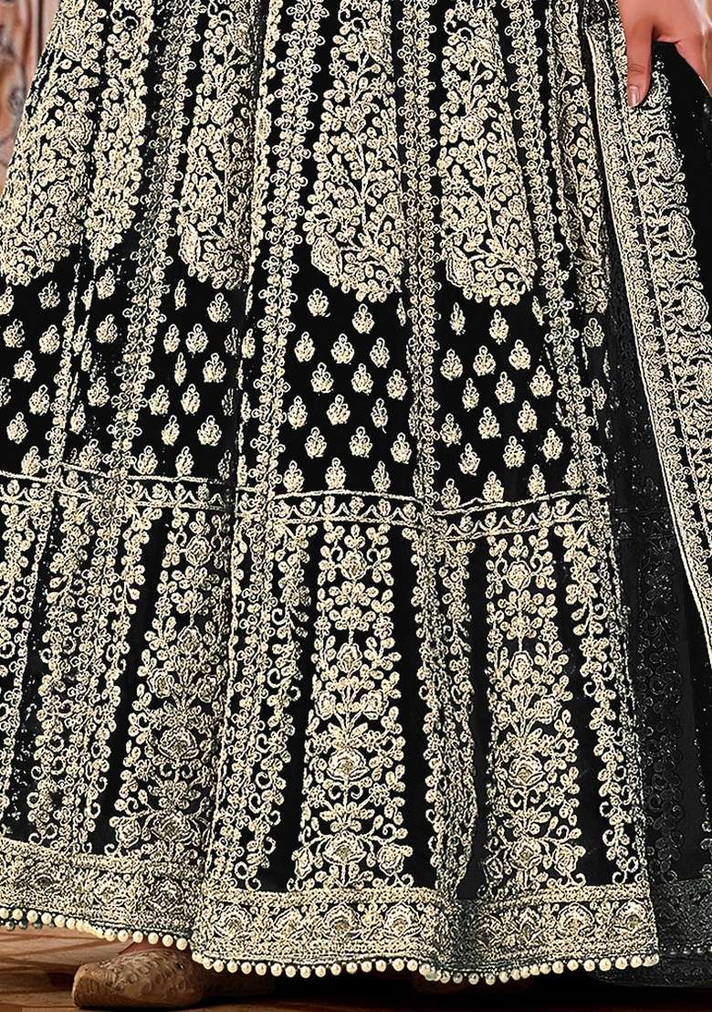 Black Embroidery Net Anarkali set - Indya