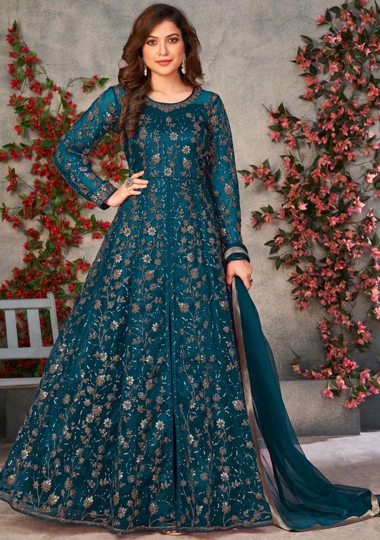 Teal Blue Embroidery Net Anarkali set - Indya