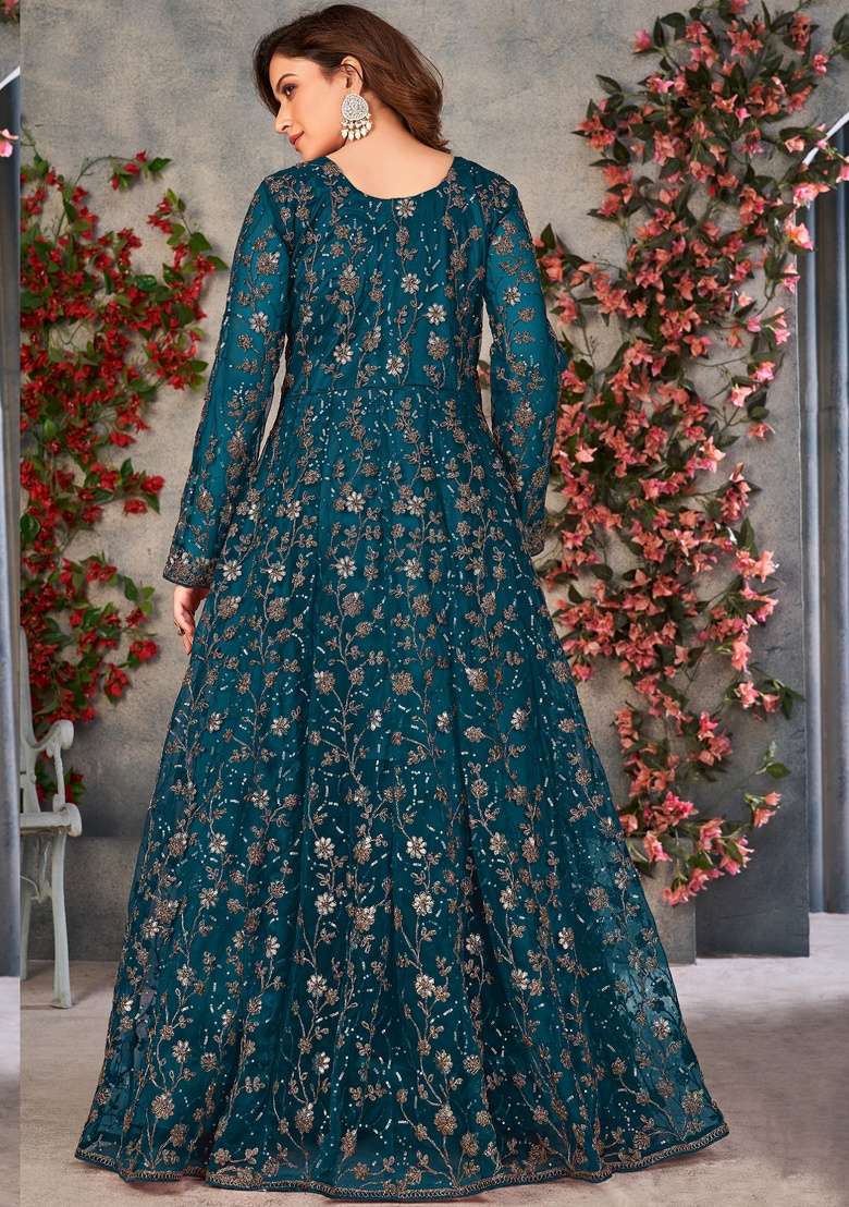 Teal Blue Embroidery Net Anarkali set - Indya