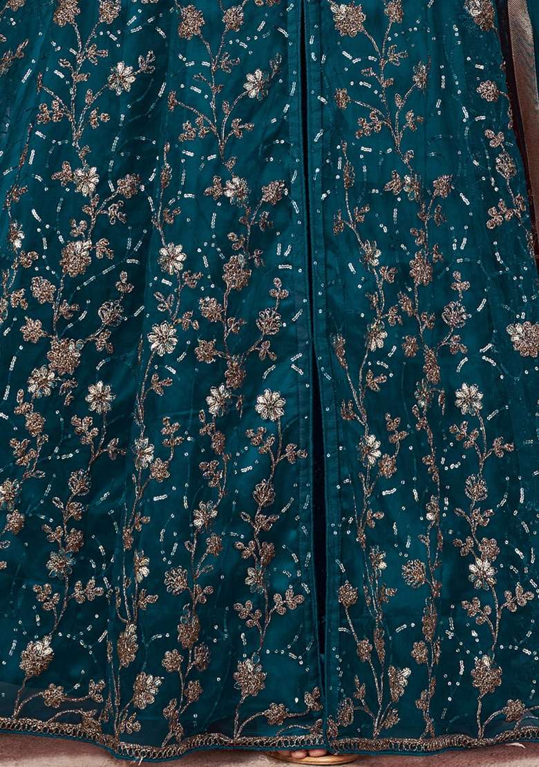 Teal Blue Embroidery Net Anarkali set - Indya