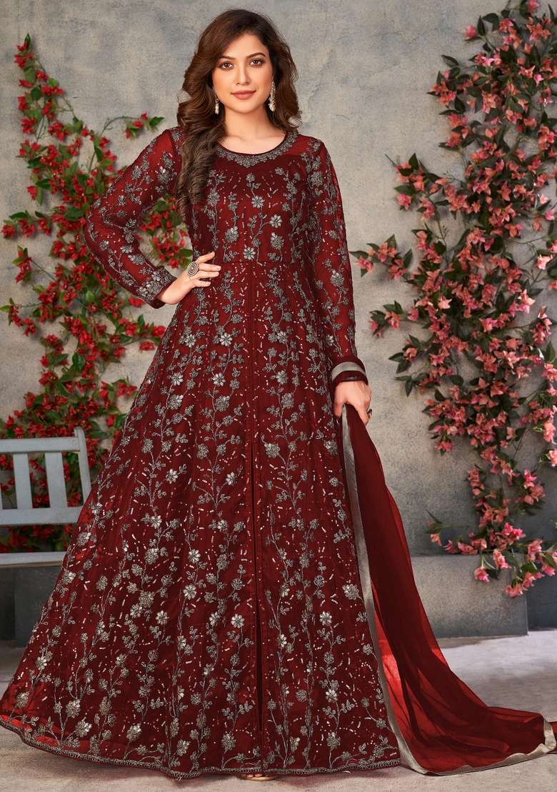 Maroon Embroidery Net Anarkali set - Indya