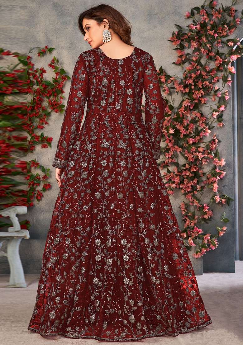 Maroon Embroidery Net Anarkali set - Indya