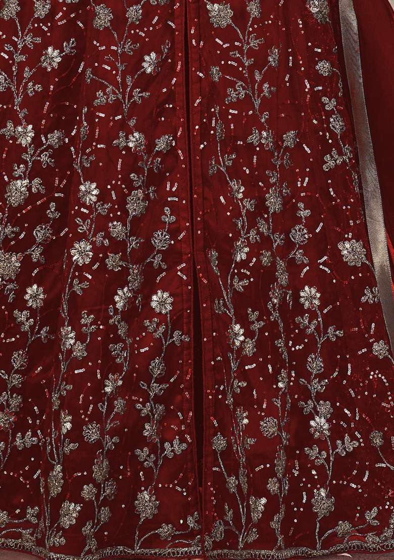 Maroon Embroidery Net Anarkali set - Indya